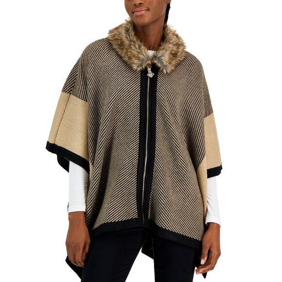 Petite Colorblocked Zip-Front Poncho With Faux-Fur Trim